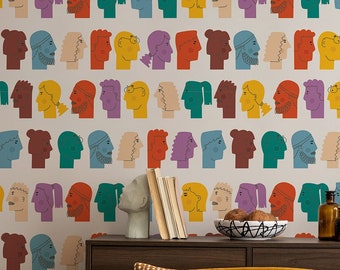 Colorful wallpaper with faces of people | Wall Decor | Home Renovation | Wall Art | Peel and Stick Or Non Self-Adhesive Vinyl Wallpaper