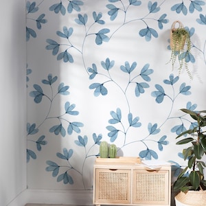Watercolor Wallpaper, Blue Leaf Home Decor | Home Renovation | Wall Art ...