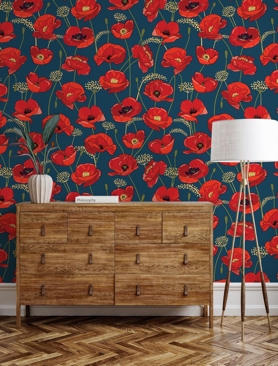 Blue Wallpaper With Red Poppy Flowers | Floral Wall Mural | Home ...