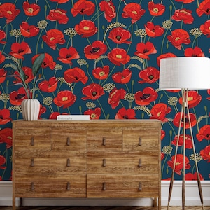 Carta da parati blu con fiori di papavero rosso | Carta da parati floreale | Ristrutturazione casa | Arte della parete | Carta da parati in vinile staccabile e incollabile o non autoadesiva