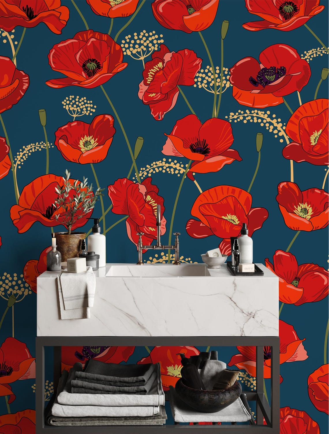 Blue Wallpaper With Red Poppy Flowers Floral Wall Mural Home Renovation ...
