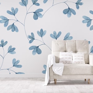 Watercolor Wallpaper, Blue Leaf Home Decor | Home Renovation | Wall Art ...