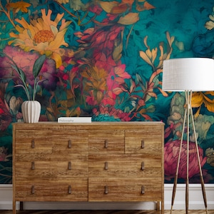 Blaugrüne abstrakte Tapete mit bunten Blumen Wanddekoration Hausrenovierung Wandkunst Vinyl-Tapete zum Abziehen und Aufkleben oder nicht selbstklebend Bild 5