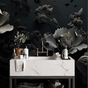 Carta da parati floreale nera, decorazioni per la casa botaniche scure | Ristrutturazione casa | Arte della parete | Carta da parati in vinile staccabile e incollabile o non autoadesiva