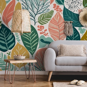 Vintage leaves wallpaper, watercolor botanical Wall Mural | Home Renovation | Wall Art | Peel and Stick Or Non Self-Adhesive Vinyl Wallpaper