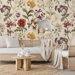 Meadow flowers light beige wallpaper | Floral Wall Mural | Home Renovation | Wall Art | Peel and Stick Or Non Self-Adhesive Vinyl Wallpaper