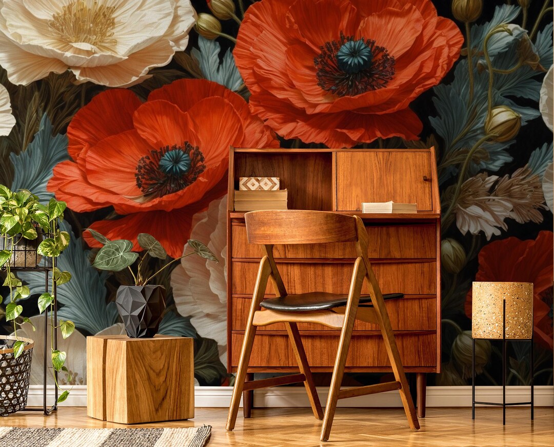 Red and White Poppy Flower Wallpaper, Floral Wall Mural | Home ...