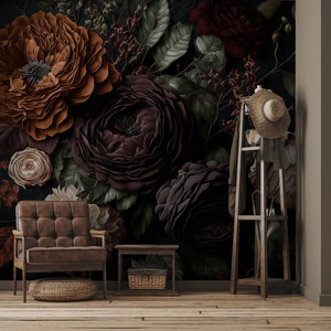 Carta da parati floreale, carta da parati floreale scura e drammatica | Decorazione da parete | Ristrutturazione casa | Carta da parati in vinile staccabile e incollabile o non autoadesiva