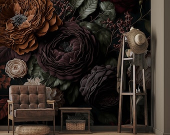 Mural de pared floral, papel tapiz de flores dramáticas y oscuras | Decoración de pared | Renovación del hogar | Papel tapiz de vinilo despegable y pegado o no autoadhesivo