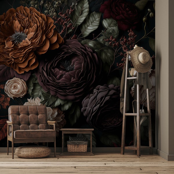 Floral wall mural, dark dramatic flower wallpaper | Wall Decor | Home Renovation | Peel and Stick Or Non Self-Adhesive Vinyl Wallpaper
