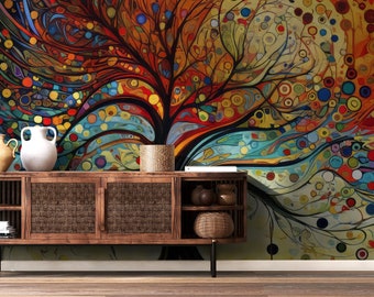 Papel tapiz colorido árbol abstracto | Decoración de pared | Renovación del hogar | Arte de pared | Papel tapiz de vinilo despegable y pegado o no autoadhesivo