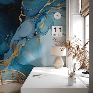 Carta da parati in marmo acquerello blu e giallo | Decorazione da parete | Ristrutturazione casa | Arte della parete | Carta da parati in vinile staccabile e incollabile o non autoadesiva
