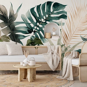 Tropische Palmblätter Tapete, Wandgemälde | Wanddekoration | Hausrenovierung | Wandkunst | Vinyl-Tapete zum Abziehen und Aufkleben oder nicht selbstklebend