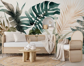 Tropical palm leaves wallpaper, wall mural | Wall Decor | Home Renovation | Wall Art | Peel and Stick Or Non Self-Adhesive Vinyl Wallpaper