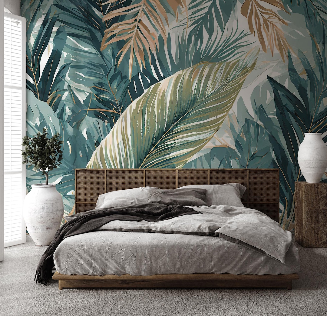 Green Tropical Leaf Wallpaper, Watercolor Wall Home Decor | Home ...