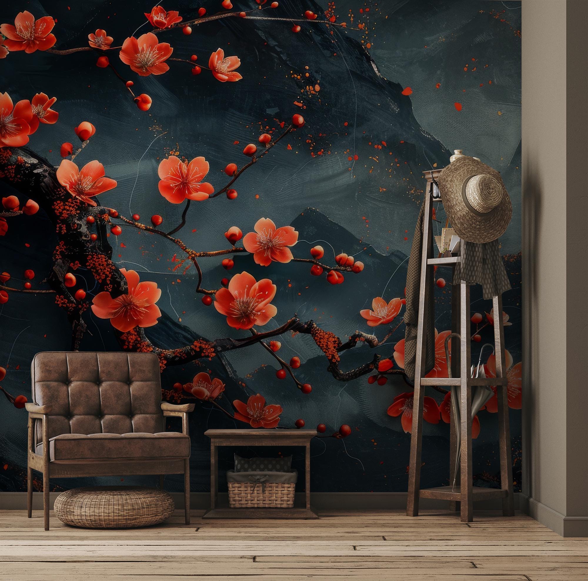 Modern Japanese Wallpaper, Floral Abstract Home Decor | Home Renovation |  Wall Art | Peel and Stick or Non Self-adhesive Vinyl Wallpaper - Etsy Israel, image size:2000x1976