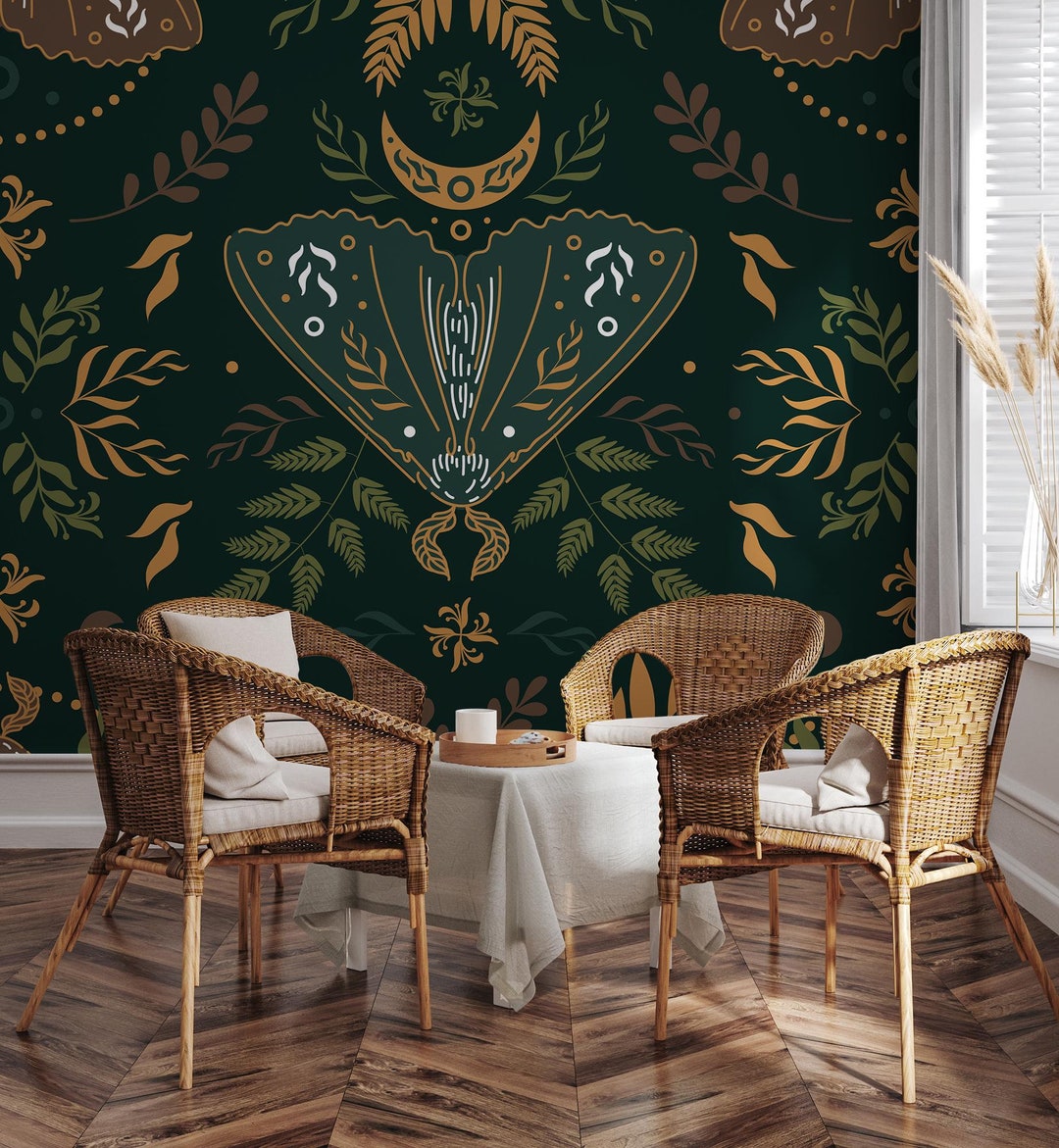Green Vintage Wallpaper | Butterfly and Leaves Wall Decor | Home ...