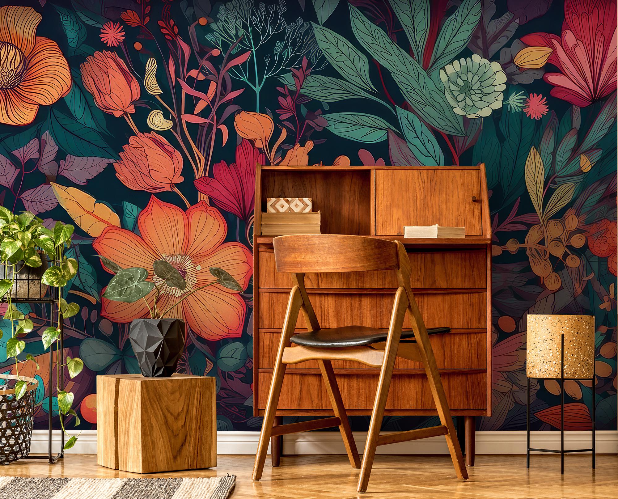 Dark Colorful Floral Wallpaper | Botanical Wall Mural | Home Renovation ...
