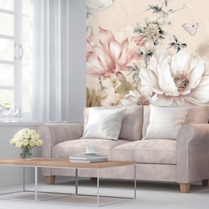 Floral Wall Mural, White and Pink Flowers Wallpaper | Wall Decor | Home ...