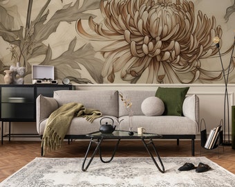 Papier peint floral marron clair et beige | Décoration murale | Rénovation domiciliaire | Art mural | Papier peint vinyle à décoller et à coller ou non autocollant