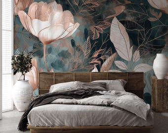 May include: A bedroom with a bed featuring a headboard with a woven rattan design. The wall behind the bed has a floral wallpaper with a teal and rose gold color scheme. The wallpaper features large flowers and leaves.