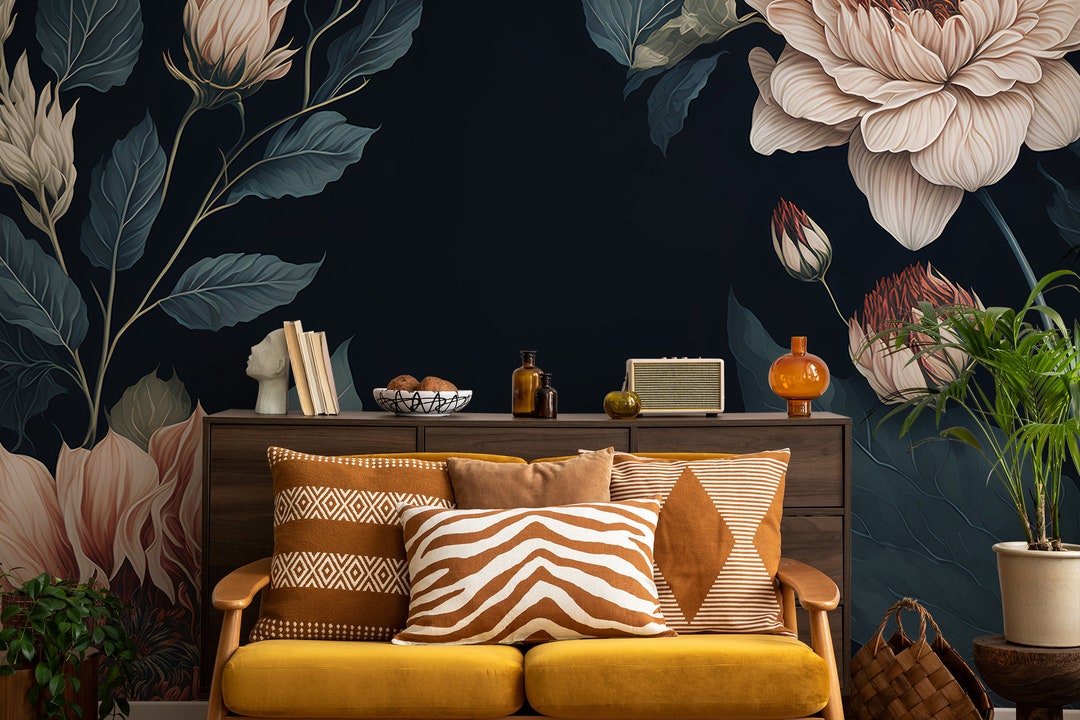 Dark Floral Mural With Light Flowers | Wall Decor | Home Renovation ...