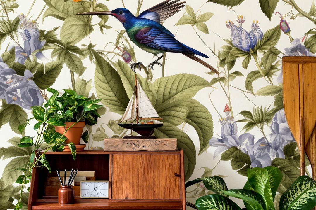 Botanical Floral Wallpaper, Flower and Bird Wall Mural | Home ...
