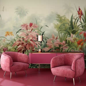 Tropical garden wall mural, floral wallpaper | Wall Decor | Home Renovation | Wall Art | Peel and Stick Or Non Self-Adhesive Vinyl Wallpaper