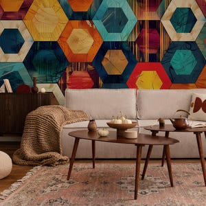 Carta da parati retrò esagonale | Murale geometrico | Decorazioni per la casa | Ristrutturazione casa | Arte della parete | Carta da parati in vinile staccabile e incollabile o non autoadesiva