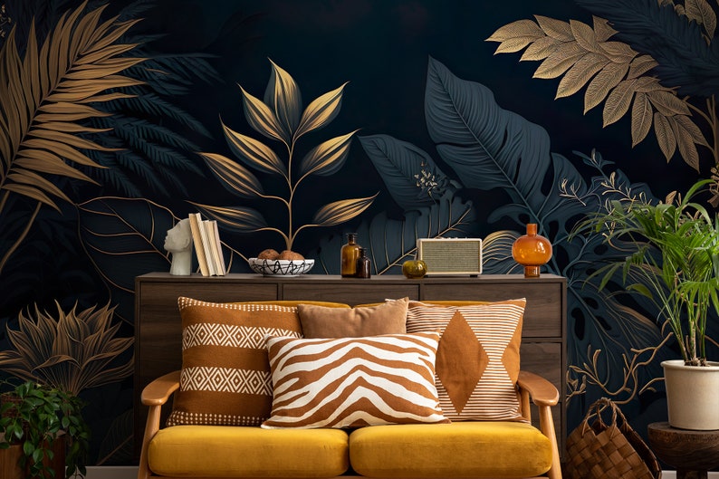 Dunkle botanische, nicht goldene tropische Tapete Wanddekoration Hausrenovierung Wandkunst Vinyl-Tapete zum Abziehen und Aufkleben oder nicht selbstklebend Bild 3