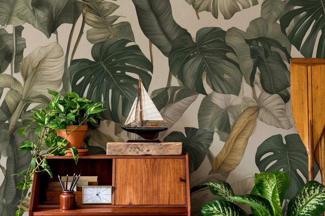 Botanical Tropical Wallpaper, Palm Leaves | Wall Decor | Home ...