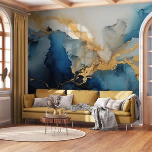 Abstrakte blaue und gelbe Fototapete Wanddekoration Hausrenovierung Wandkunst Vinyl-Tapete zum Abziehen und Aufkleben oder nicht selbstklebend Bild 2