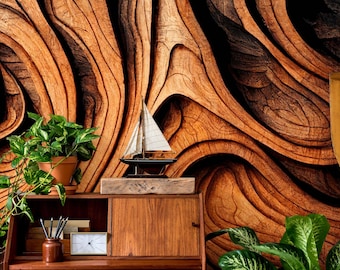 Papel pintado abstracto de madera, mural de madera | Decoración del hogar | Reformas del hogar | Arte de pared | Papel pintado de vinilo autoadhesivo o no autoadhesivo