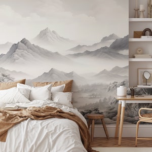 Black and white mountain landscape wallpaper | Wall Decor | Home Renovation | Wall Art | Peel and Stick Or Non Self-Adhesive Vinyl Wallpaper