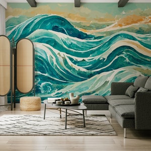 Carta da parati con onde del mare oceanico | Decorazione da parete | Ristrutturazione casa | Arte della parete | Carta da parati in vinile staccabile e incollabile o non autoadesiva