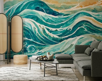 Ozean-Meereswellen-Tapete | Wanddekoration | Hausrenovierung | Wandkunst | Vinyl-Tapete zum Abziehen und Aufkleben oder nicht selbstklebend