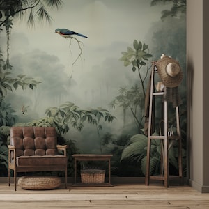 Dark green wallpaper with bird and jungle | Wall Decor | Home Renovation | Wall Art | Peel and Stick Or Non Self-Adhesive Vinyl Wallpaper