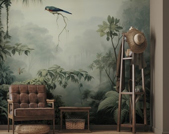 Donkergroen behang met vogel en jungle | Wanddecoratie | Woningrenovatie | Kunst aan de muur | Schil en plak of niet-zelfklevend vinylbehang