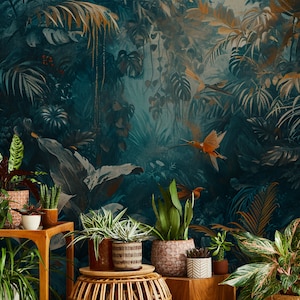 Dunkle Dschungeltapete mit Blumen, Pflanzen und Vögeln Wanddekoration Hausrenovierung Vinyl-Tapete zum Abziehen und Aufkleben oder nicht selbstklebend Bild 1