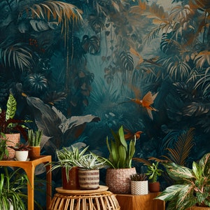 Dunkle Dschungeltapete mit Blumen, Pflanzen und Vögeln | Wanddekoration | Hausrenovierung | Vinyl-Tapete zum Abziehen und Aufkleben oder nicht selbstklebend