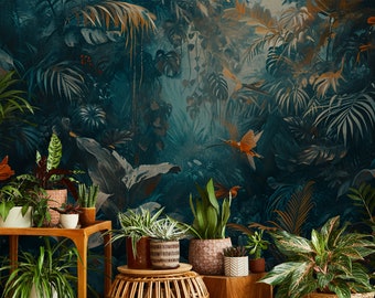 Dunkle Dschungeltapete mit Blumen, Pflanzen und Vögeln | Wanddekoration | Hausrenovierung | Abziehen und Aufkleben oder nicht selbstklebende Vinyltapete