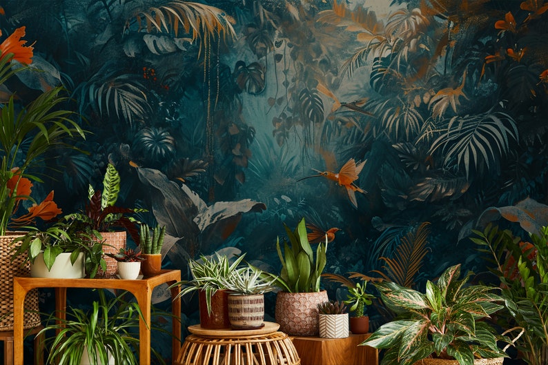 Dunkle Dschungeltapete mit Blumen, Pflanzen und Vögeln Wanddekoration Hausrenovierung Vinyl-Tapete zum Abziehen und Aufkleben oder nicht selbstklebend Bild 1