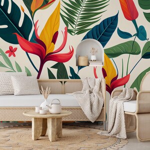 Tropical leaves colorful wallpaper | Home Decor | Home Renovation | Wall Art | Peel and Stick Or Non Self-Adhesive Vinyl Wallpaper