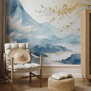 Blue landscape wallpaper | Watercolor mountain Wall Mural | Home Renovation | Wall Art | Peel and Stick Or Non Self-Adhesive Vinyl Wallpaper