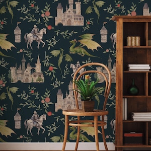 Mittelalterliche Tapete mit Burg, Drache, floralem Home Decor | Hausrenovierung | Wandkunst | Vinyl-Tapete zum Abziehen und Aufkleben oder nicht selbstklebend