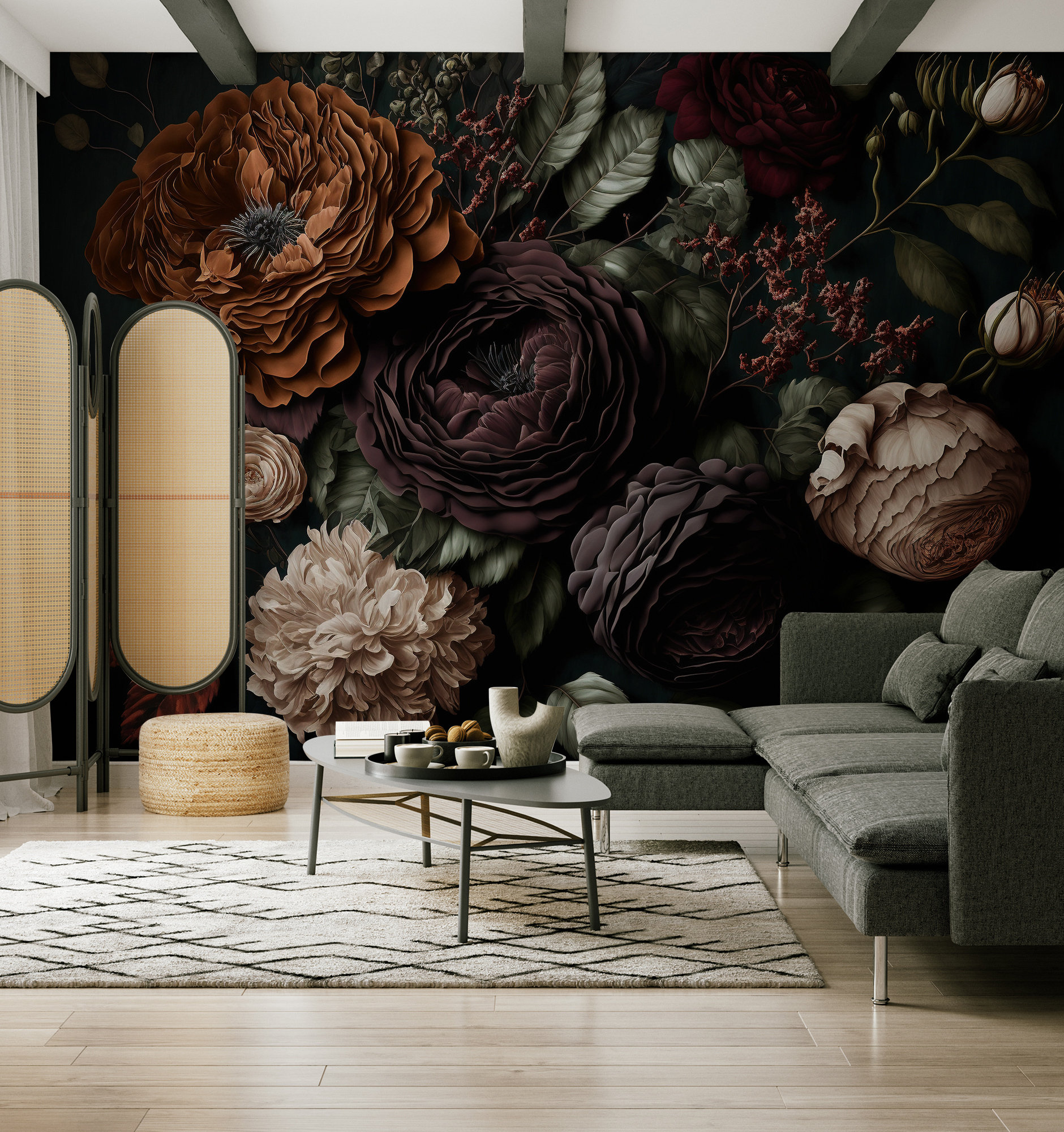 Floral Wall Mural, Dark Dramatic Flower Wallpaper | Wall Decor | Home ...