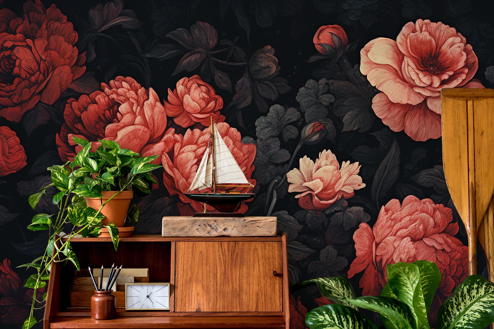 Red Floral Wallpaper | Dark Botanical Wall Mural | Home Renovation ...