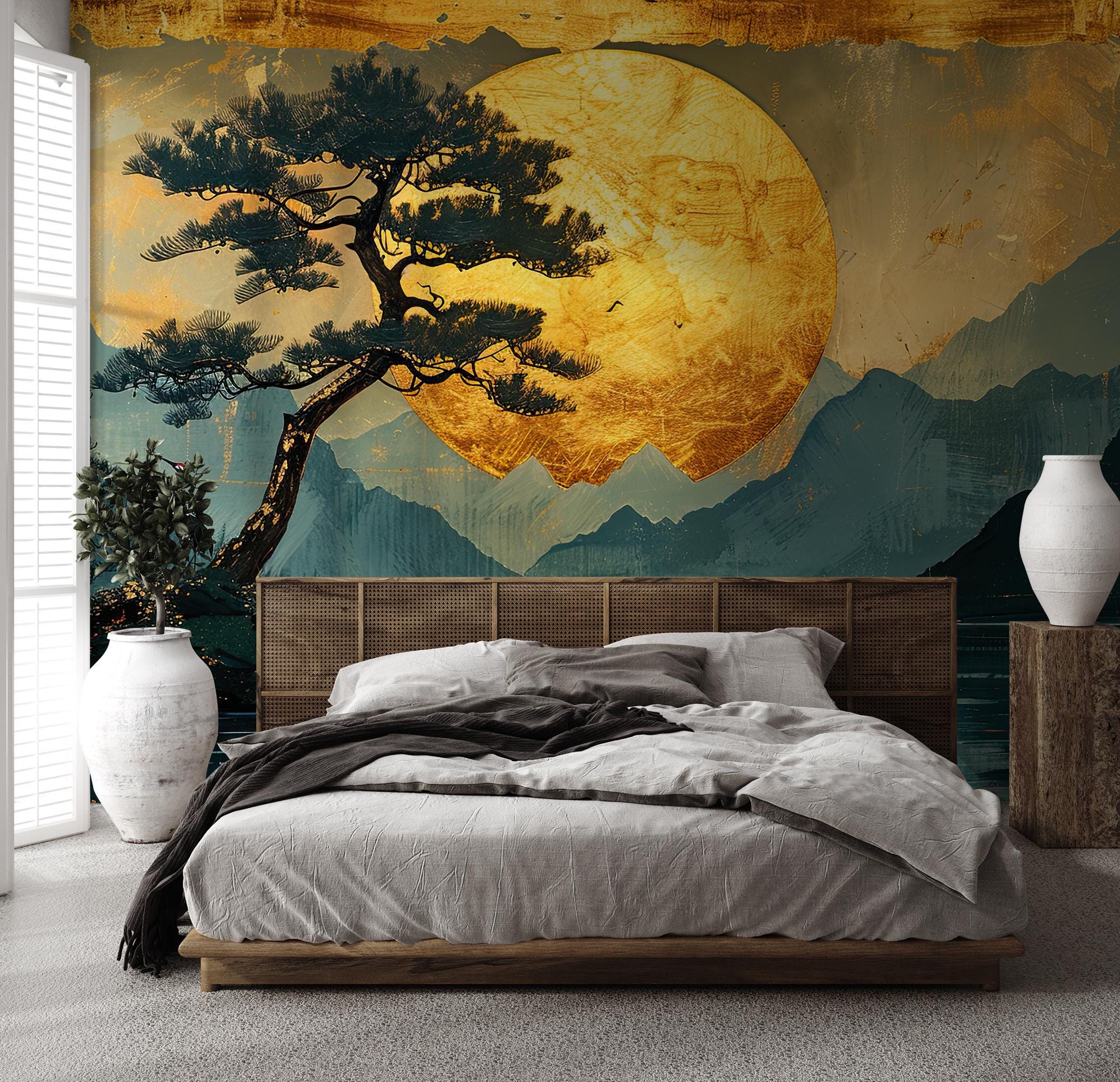 Japanese landscape wallpaper, tree and bird Wall Mural | Home Renovation | Wall Art | Peel and Stick Or Non Self-Adhesive Vinyl Wallpaper