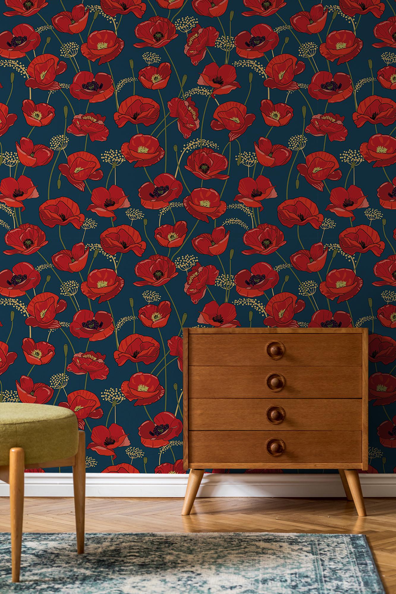 Blue Wallpaper With Red Poppy Flowers Floral Wall Mural Home Renovation ...