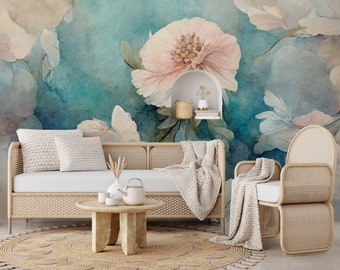 Aquarell abstrakte Blumentapete | Wanddekoration | Hausrenovierung | Wandkunst | Vinyl-Tapete zum Abziehen und Aufkleben oder nicht selbstklebend